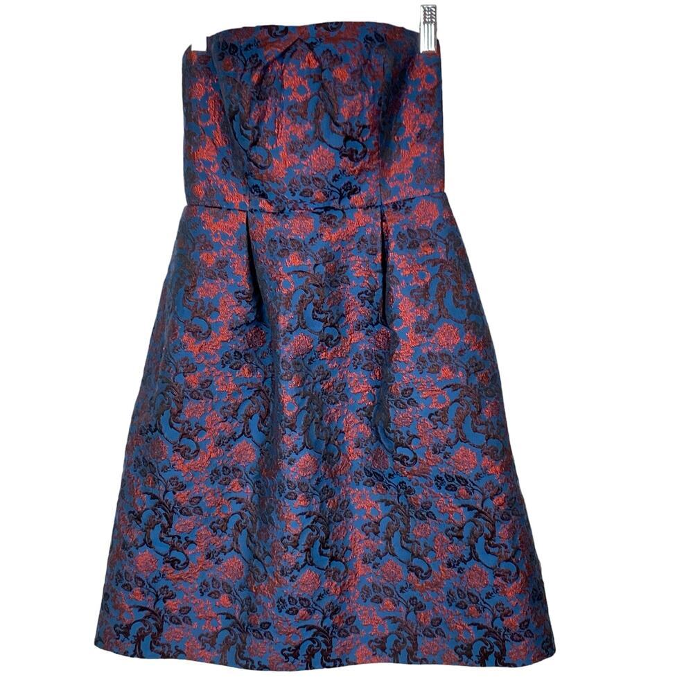 Anthropology Liefnotes Red & Teal Brocade Strapless A-Line Dress Size 0